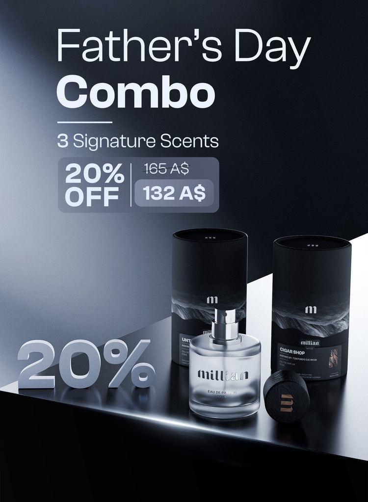 Father's Day Combo offer with three perfume bottles on a dark background